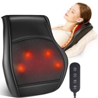 Coussin de massage chauffant Brelley, massage shiatsu profond, chaleur apaisante, ergonomique, cadeau bien-être, détente, soulagement musculaire, utilisable en voyage.