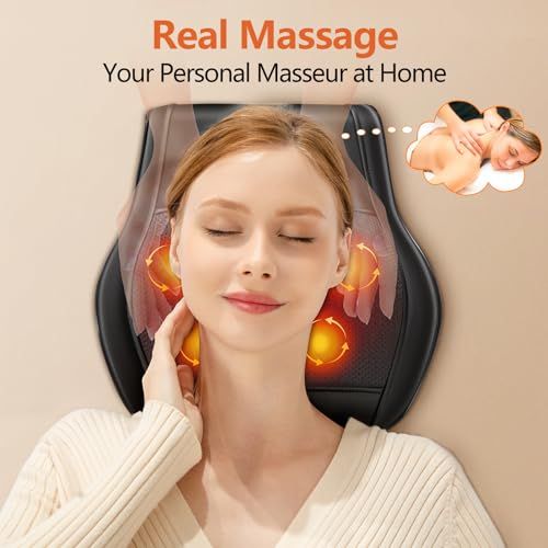 Coussin de massage chauffant Brelley, massage shiatsu profond, chaleur apaisante, ergonomique, cadeau bien-être, détente, soulagement musculaire, utilisable en voyage.