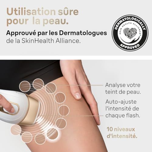 Épilateur lumière pulsée Braun Silk·expert Pro 5, peau douce jusqu'à un an, approuvé dermatologiquement, traitement rapide et sécurisé à domicile.