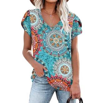 Tee-shirt femme à motif floral Narrame, col V, tissu extensible, élégant et polyvalent, parfait cadeau mode pour toutes occasions.