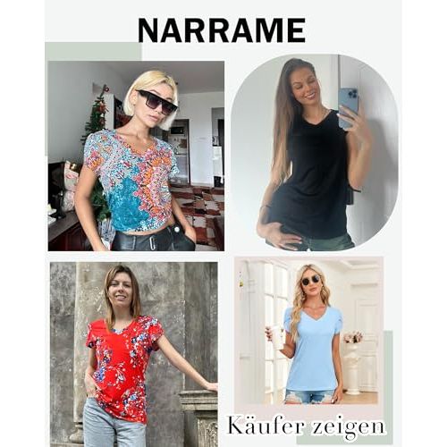 Tee-shirt femme à motif floral Narrame, col V, tissu extensible, élégant et polyvalent, parfait cadeau mode pour toutes occasions.