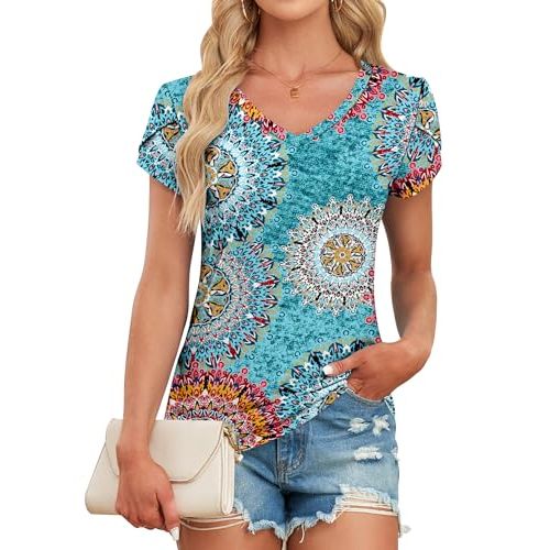 Tee-shirt femme à motif floral Narrame, col V, tissu extensible, élégant et polyvalent, parfait cadeau mode pour toutes occasions.