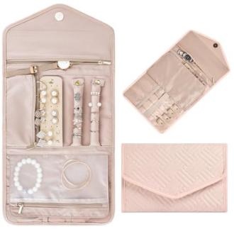 Pochette à bijoux de voyage compacte avec compartiments et sécurisation pour accessoires - cadeau élégant pour femmes.