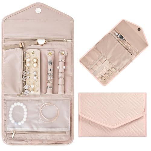 Pochette à bijoux de voyage compacte avec compartiments et sécurisation pour accessoires - cadeau élégant pour femmes.