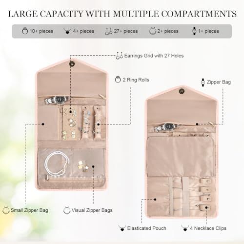 Pochette à bijoux de voyage compacte avec compartiments et sécurisation pour accessoires - cadeau élégant pour femmes.