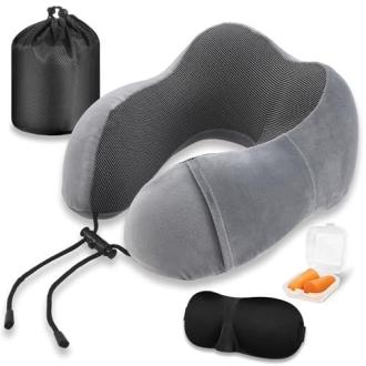 Kit de voyage confort : oreiller mémoire de forme, masque sommeil, bouchons d'oreilles pour des déplacements reposants et tranquilles. Cadeau idéal pour voyageurs.