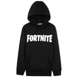 Sweat à capuche Fortnite noir, logo blanc, confortable et stylé, idée cadeau idéale pour jeunes fans de jeux vidéo. Poche kangourou et tissu doux.