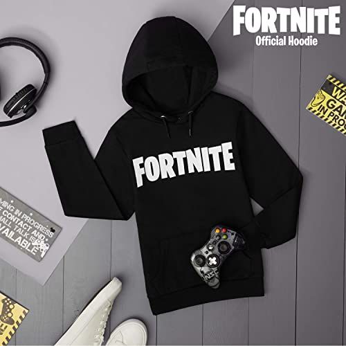 Sweat à capuche Fortnite noir, logo blanc, confortable et stylé, idée cadeau idéale pour jeunes fans de jeux vidéo. Poche kangourou et tissu doux.