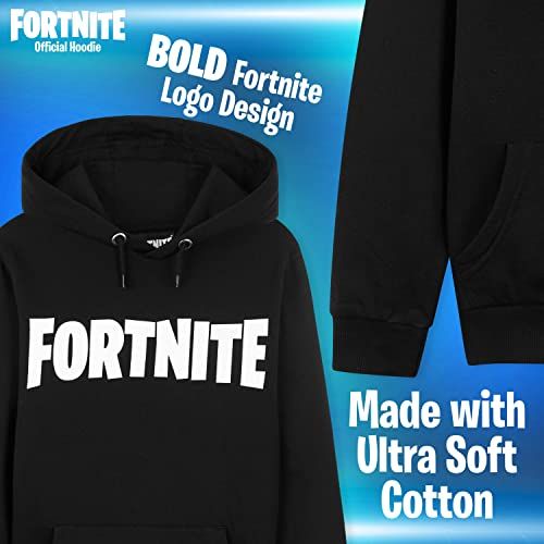 Sweat à capuche Fortnite noir, logo blanc, confortable et stylé, idée cadeau idéale pour jeunes fans de jeux vidéo. Poche kangourou et tissu doux.