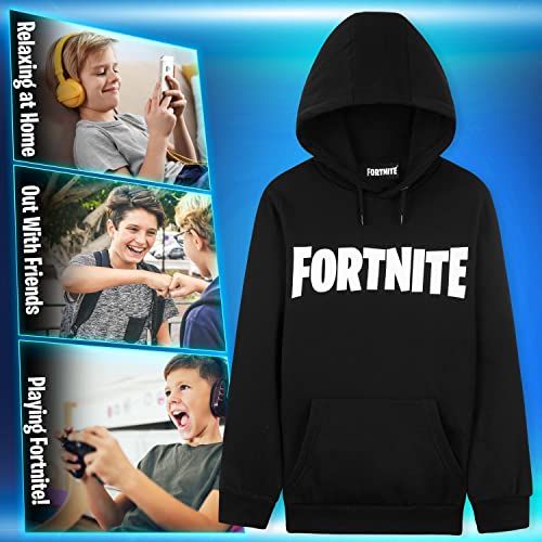 Sweat à capuche Fortnite noir, logo blanc, confortable et stylé, idée cadeau idéale pour jeunes fans de jeux vidéo. Poche kangourou et tissu doux.