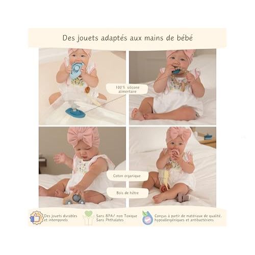 Coffret cadeau naissance Petikids avec 5 jeux Montessori en bois et silicone, favorisant éveil, motricité et détente des tout-petits. Idéal pour baptême.