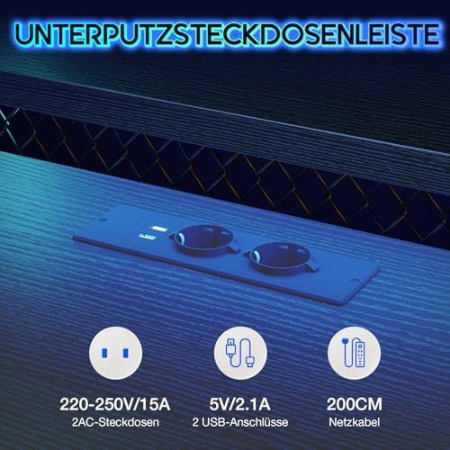 Bureau gamer en L avec étagères, ports USB et prise intégrée