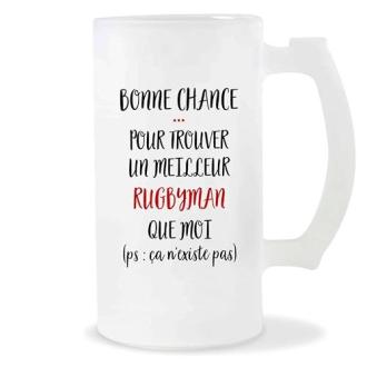 Chope de bière rugbyman en verre givré imprimée en France, idéale pour fans.
