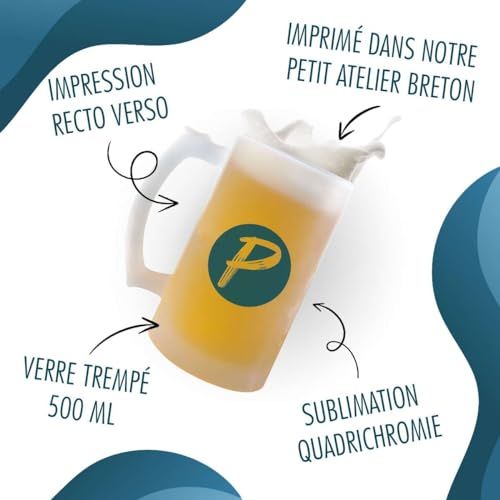 Chope de bière rugbyman en verre givré imprimée en France, idéale pour fans.