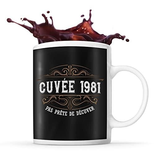 Mug humoristique Cuvée 1981, qualité supérieure, fabriqué en France, cadeau parfait pour anniversaire.