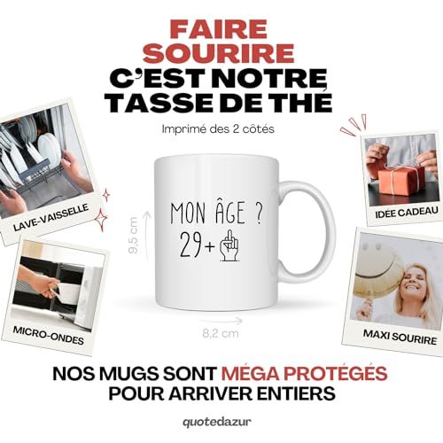 Mug humouristique pour 30 ans avec message '29+' et doigt d'honneur, en céramique.