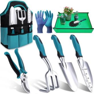 Kit d'outils de jardinage ergonomique avec truelle, plantoir et gants respirants, parfait cadeau pour amateurs de jardinage.