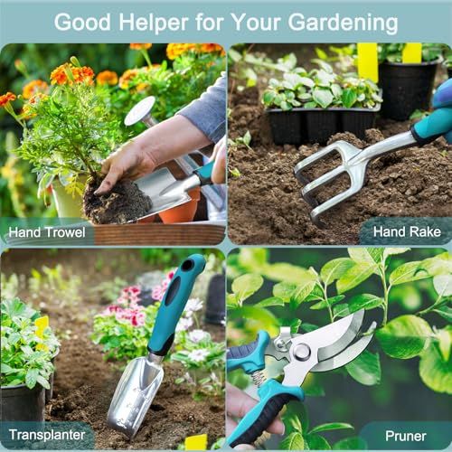 Kit d'outils de jardinage ergonomique avec truelle, plantoir et gants respirants, parfait cadeau pour amateurs de jardinage.
