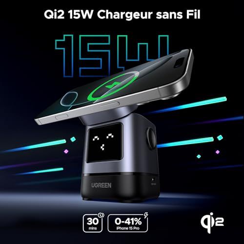 Chargeur induction iPhone 2 en 1 recharge rapide, design robot mignon, compatible iPhone et AirPods, cadeau technophile.