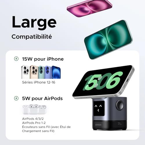 Chargeur induction iPhone 2 en 1 recharge rapide, design robot mignon, compatible iPhone et AirPods, cadeau technophile.