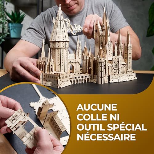 Puzzle 3D Château Poudlard, cadeau magique pour fans de Harry Potter, pièces bois gravées laser, expérience immersive et nostalgique.