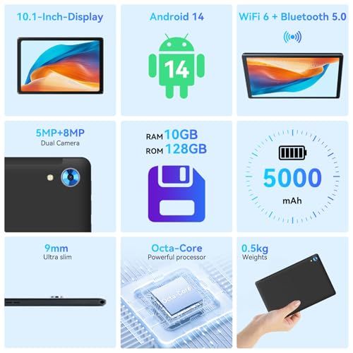 Tablette Android 14 pouces, écran 10 pouces, processeur octa-core, 10 GB RAM, 128 GB ROM, WiFi, Bluetooth, cadeau technologique parfait, design élégant.