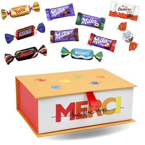 Boîte de chocolats colorée avec inscription MERCI