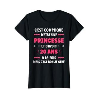 Tee shirt femme humoristique avec texte pour 20ème anniversaire en coton, disponible en différentes tailles et couleurs.