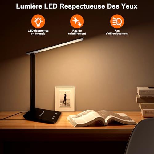 Lampe de bureau Joyshie LED, design pliant, protection oculaire, 5 niveaux de luminosité, port USB, cadeau idéal pour lecteurs, artistes, et télétravailleurs.