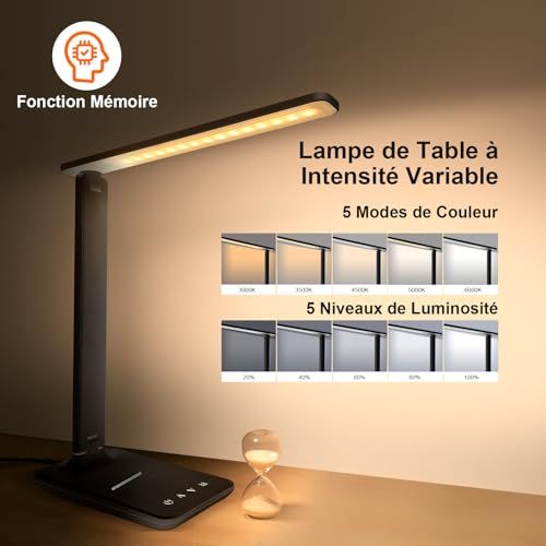 Lampe de bureau Joyshie LED, design pliant, protection oculaire, 5 niveaux de luminosité, port USB, cadeau idéal pour lecteurs, artistes, et télétravailleurs.
