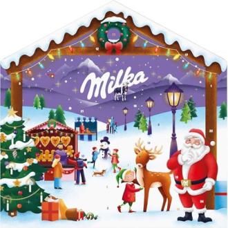Calendrier de l'Avent Milka avec chocolats variés, Noël magique, écoresponsable, idéal pour tous âges, partage quotidien sucré, programme Cocoa Life.