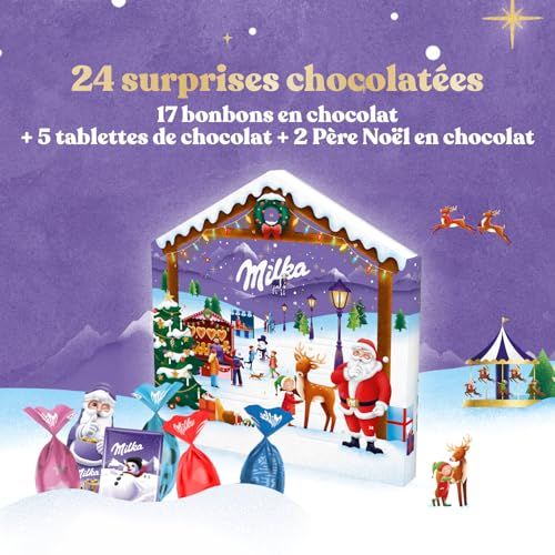 Calendrier de l'Avent Milka avec chocolats variés, Noël magique, écoresponsable, idéal pour tous âges, partage quotidien sucré, programme Cocoa Life.