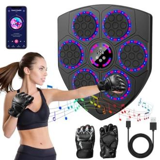 Machine de boxe musicale avec effets lumineux et Bluetooth, cadeau idéal alliant sport et musique, adaptée à tous niveaux d'entraînement.