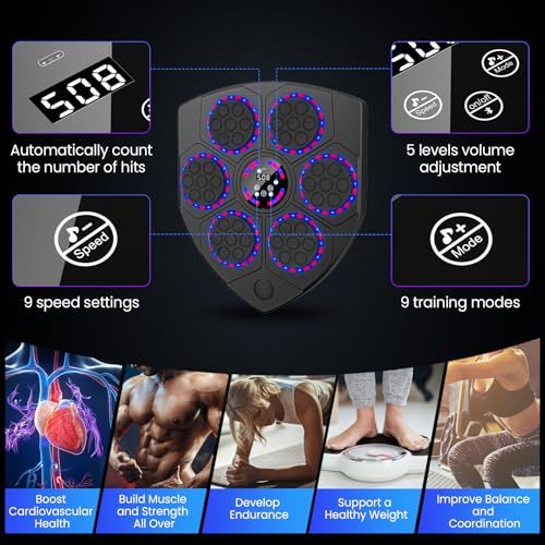 Machine de boxe musicale avec effets lumineux et Bluetooth, cadeau idéal alliant sport et musique, adaptée à tous niveaux d'entraînement.