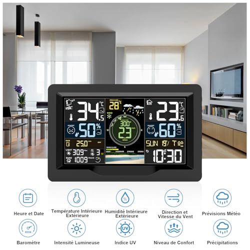 Station météorologique professionnelle Jely, design moderne, mesure température, humidité, pression, vent, connectée smartphone, cadeau parfait passionnés météo et amateurs de gadgets.