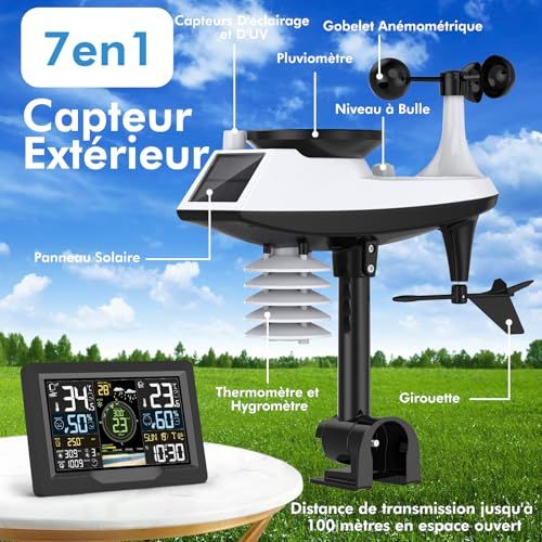 Station météorologique professionnelle Jely, design moderne, mesure température, humidité, pression, vent, connectée smartphone, cadeau parfait passionnés météo et amateurs de gadgets.