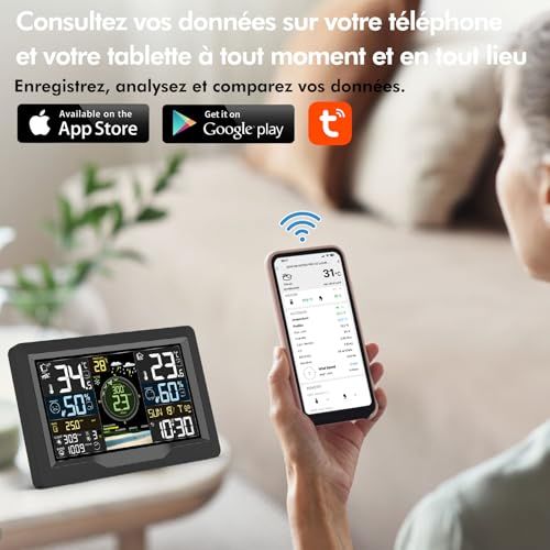 Station météorologique professionnelle Jely, design moderne, mesure température, humidité, pression, vent, connectée smartphone, cadeau parfait passionnés météo et amateurs de gadgets.