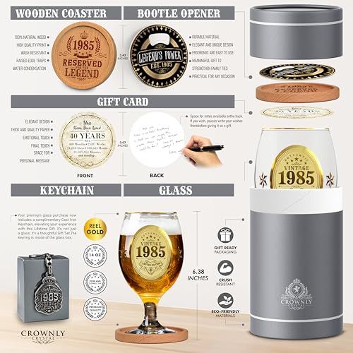 Verre à bière 1985 en cristal avec inscription indélébile VINTAGE 1985 LIMITED EDITION, idéal pour cadeau d'anniversaire marquant et prestigieux.