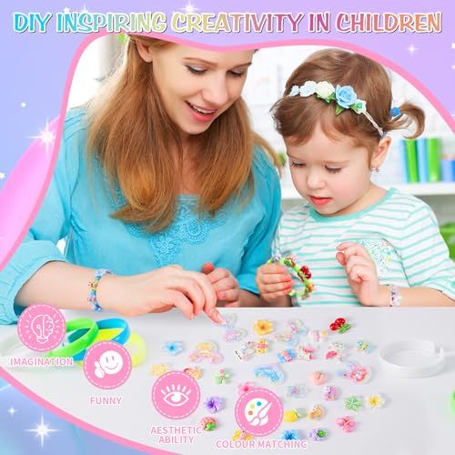 Kit de création de bijoux pour filles, idéal cadeau enfant 5 ans, stimule créativité, licornes, fleurs, couleurs vives, activités manuelles.
