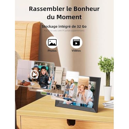 Cadre photo numérique moderne avec écran IPS HD 1280x800, 32 Go de stockage, partage facile via application Frameo, cadeau parfait pour toutes occasions.