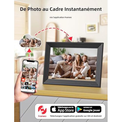Cadre photo numérique moderne avec écran IPS HD 1280x800, 32 Go de stockage, partage facile via application Frameo, cadeau parfait pour toutes occasions.