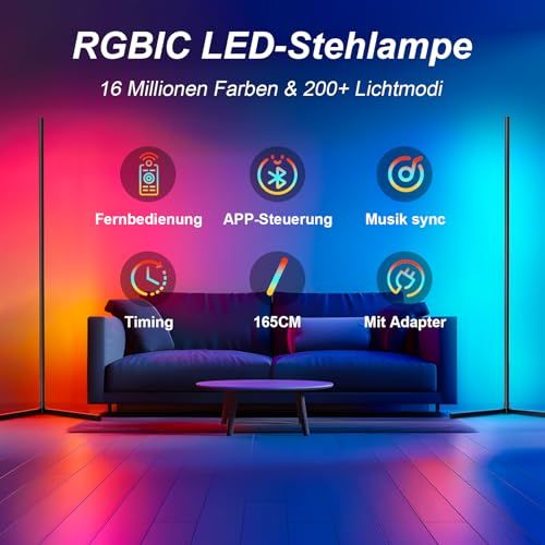 Lampe LED sur pied, 16 millions de couleurs, ambiance personnalisable, contrôle via application, synchronisation musicale, cadeau déco idéal pour créer des moments magiques.
