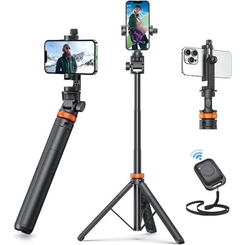 Trépied smartphone avec perche selfie, idéal pour vlogging et photos sous tous les angles, télécommande Bluetooth incluse. Cadeau parfait pour amateurs de photos.