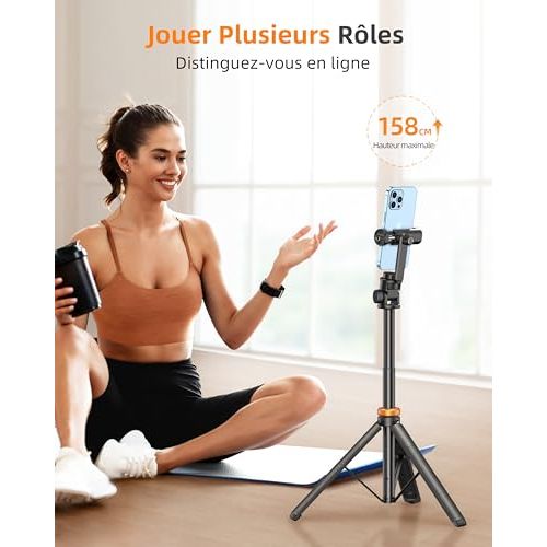 Trépied smartphone avec perche selfie, idéal pour vlogging et photos sous tous les angles, télécommande Bluetooth incluse. Cadeau parfait pour amateurs de photos.
