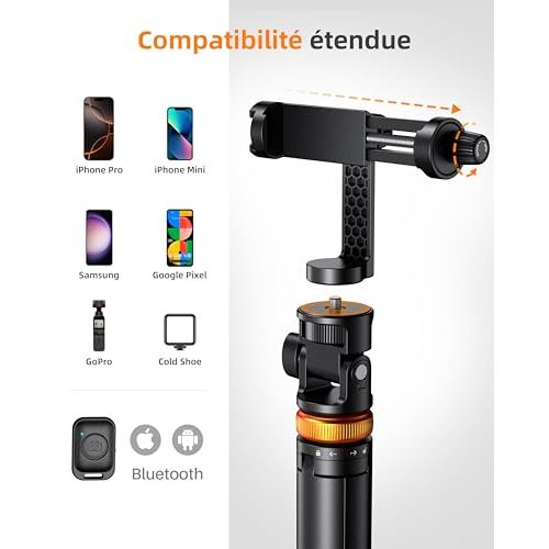 Trépied smartphone avec perche selfie, idéal pour vlogging et photos sous tous les angles, télécommande Bluetooth incluse. Cadeau parfait pour amateurs de photos.