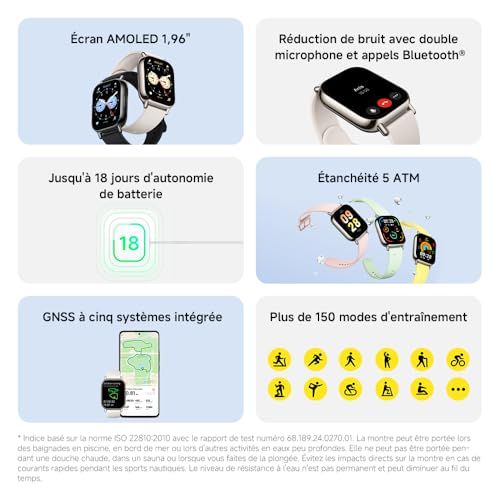 Montre connectée Xiaomi ado, cadeau technologique moderne, écran AMOLED 1,96 pouces, GPS intégré, autonomie 18 jours, appels Bluetooth, 200 cadrans personnalisables.