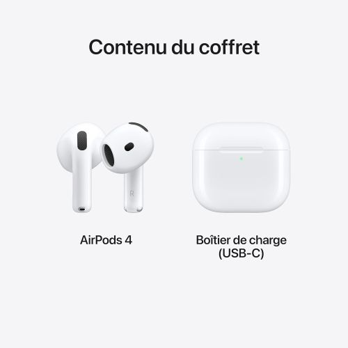 AirPods 4 d'Apple, écouteurs sans fil avec audio spatial, autonomie prolongée, résistance à l'eau, confort maximal, cadeau technologique idéal pour tous.