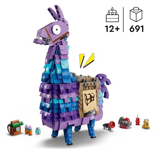 Modèle LEGO Lama de ravitaillement Fortnite, cadeau parfait pour fans de jeux vidéo et construction, avec accessoires réalistes et interactions 3D.