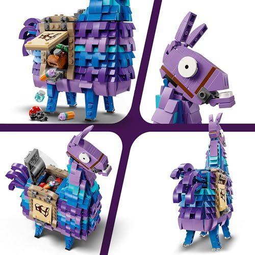 Modèle LEGO Lama de ravitaillement Fortnite, cadeau parfait pour fans de jeux vidéo et construction, avec accessoires réalistes et interactions 3D.