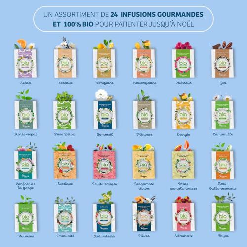 Calendrier de l'Avent 2024 Vitavea avec 24 infusions bio, cadeau détente pour Noël, idéal amateurs de tisanes et mode de vie responsable.